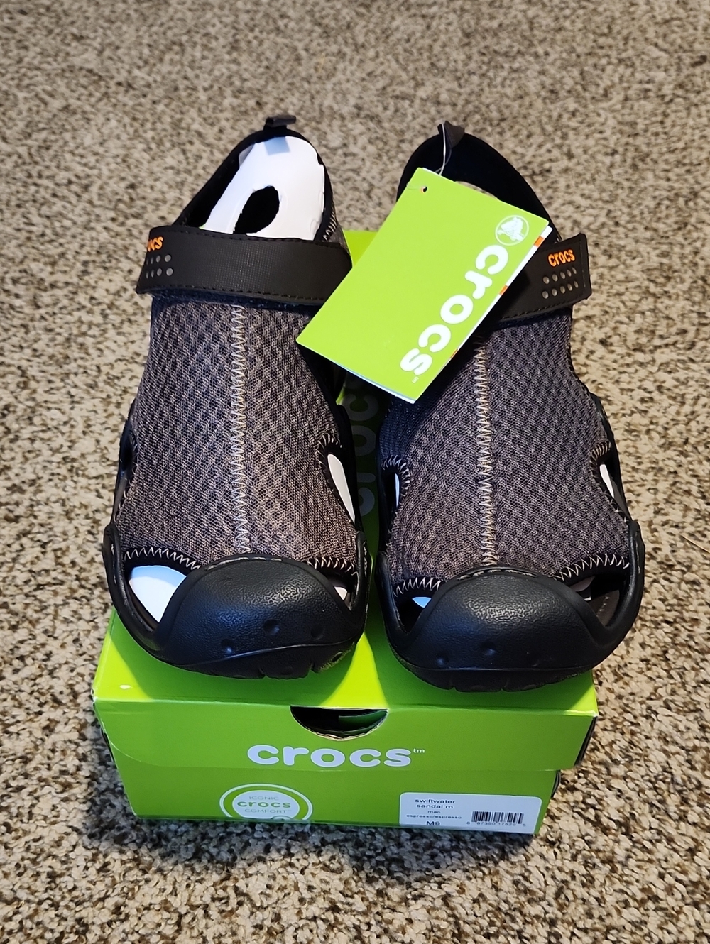 NWT's Mens Size 9 Crocs Swiftwater Sandal Espresso With Box
